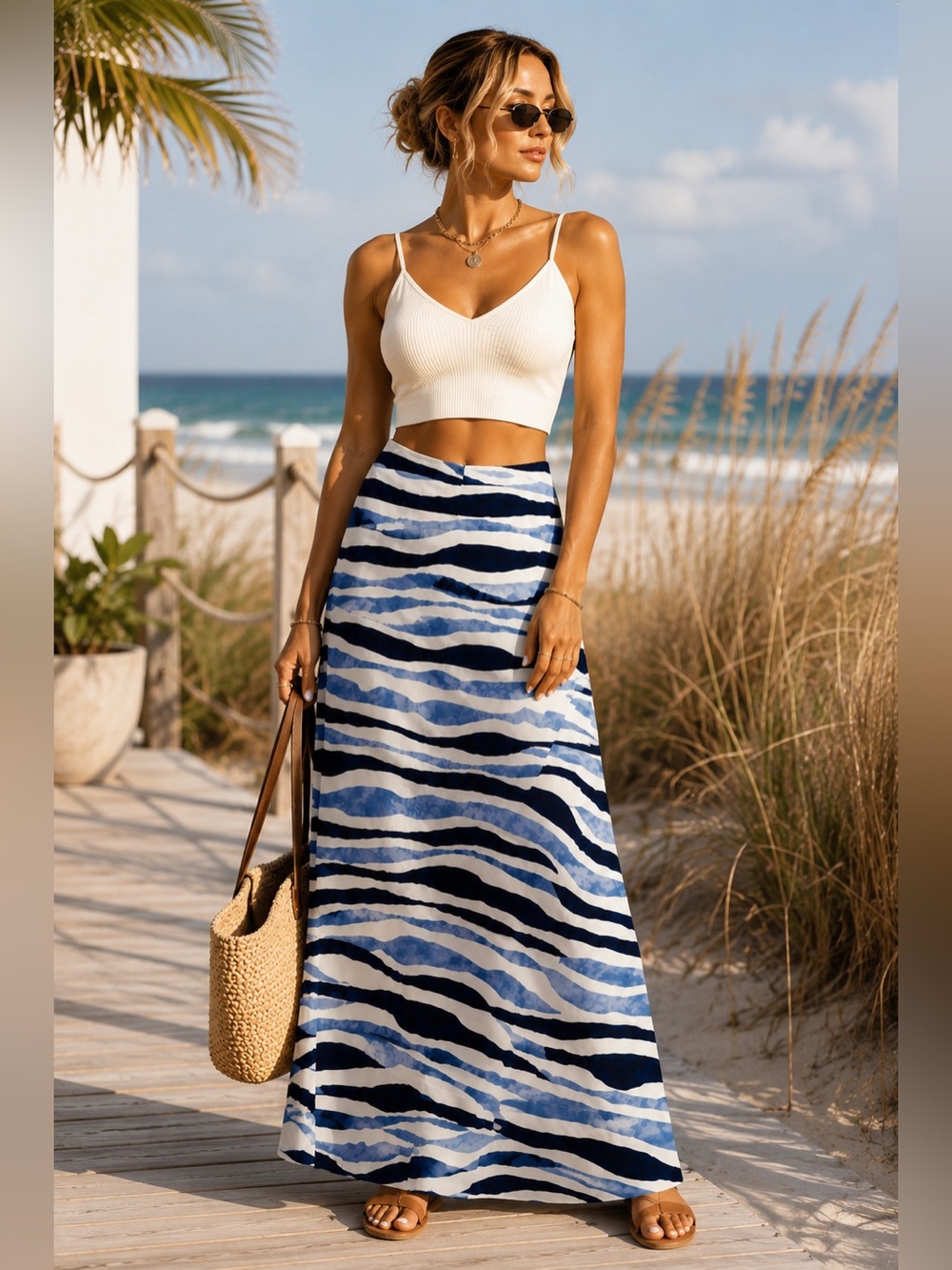 NWT CeCe Women’s Blue Striped A-Line Maxi Skirt Small